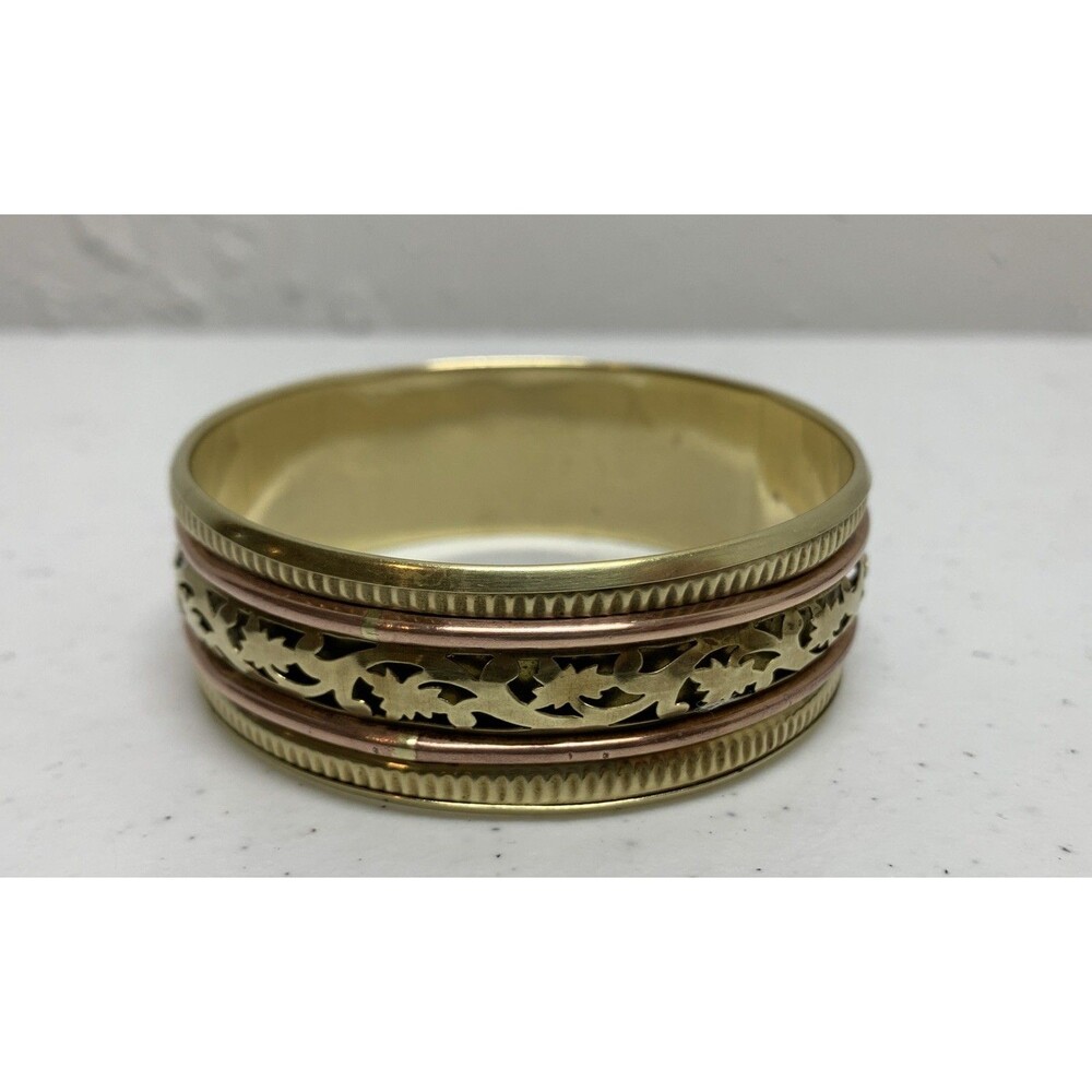 Vintage Copper Brass Wide Pierced Floral Bangle Bracelet